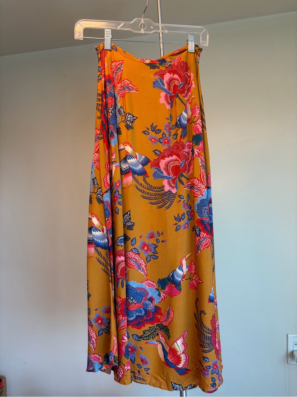Farm Rio X Anthropologie Mustard Maxi Skirt with Pink and Blue Floral Bird Print